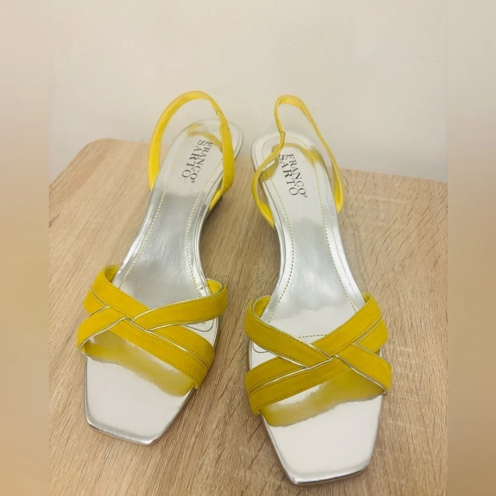 Franco Sarto Yellow and Silver Wedge Shoes with Geometric Straps Size 10